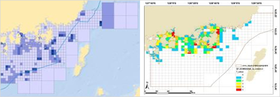 연근해 평균 어획량 및 평가항목 개별 점수 합산 격자지도